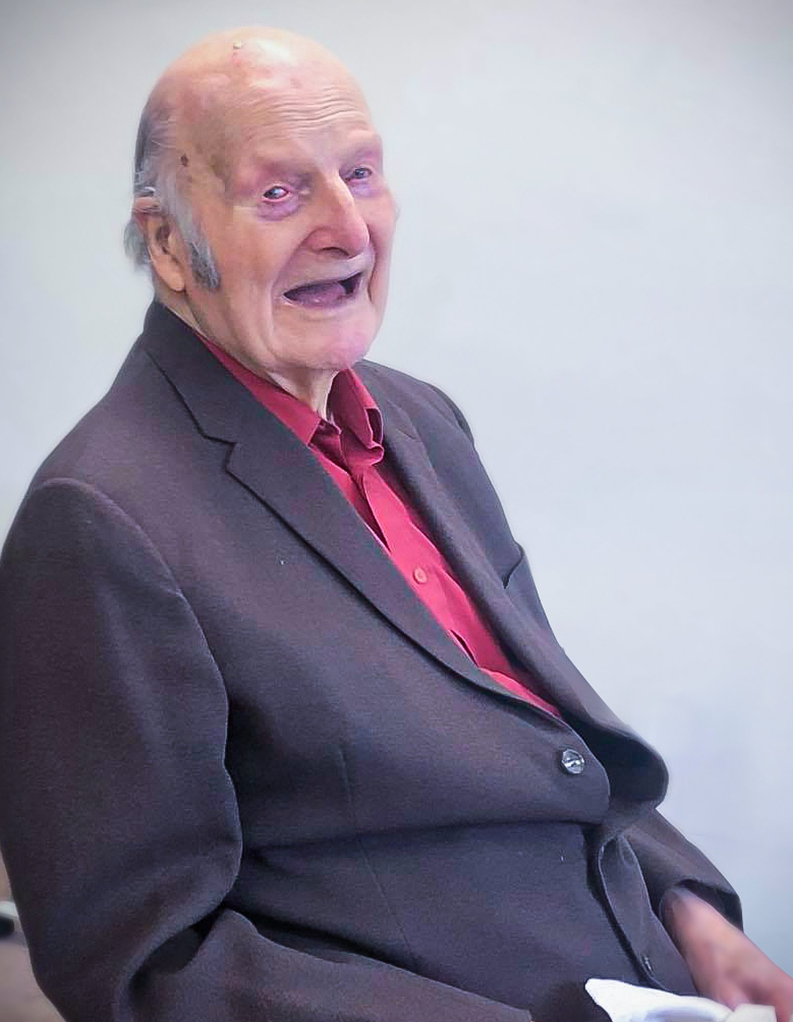 Desmond smiling on his 101st birthday, which he celebrated at The Lawn care home in Alton