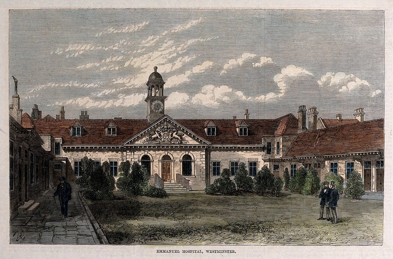 October Highlights: An historic illustration of Emmanuel Hospital in Westminster. 