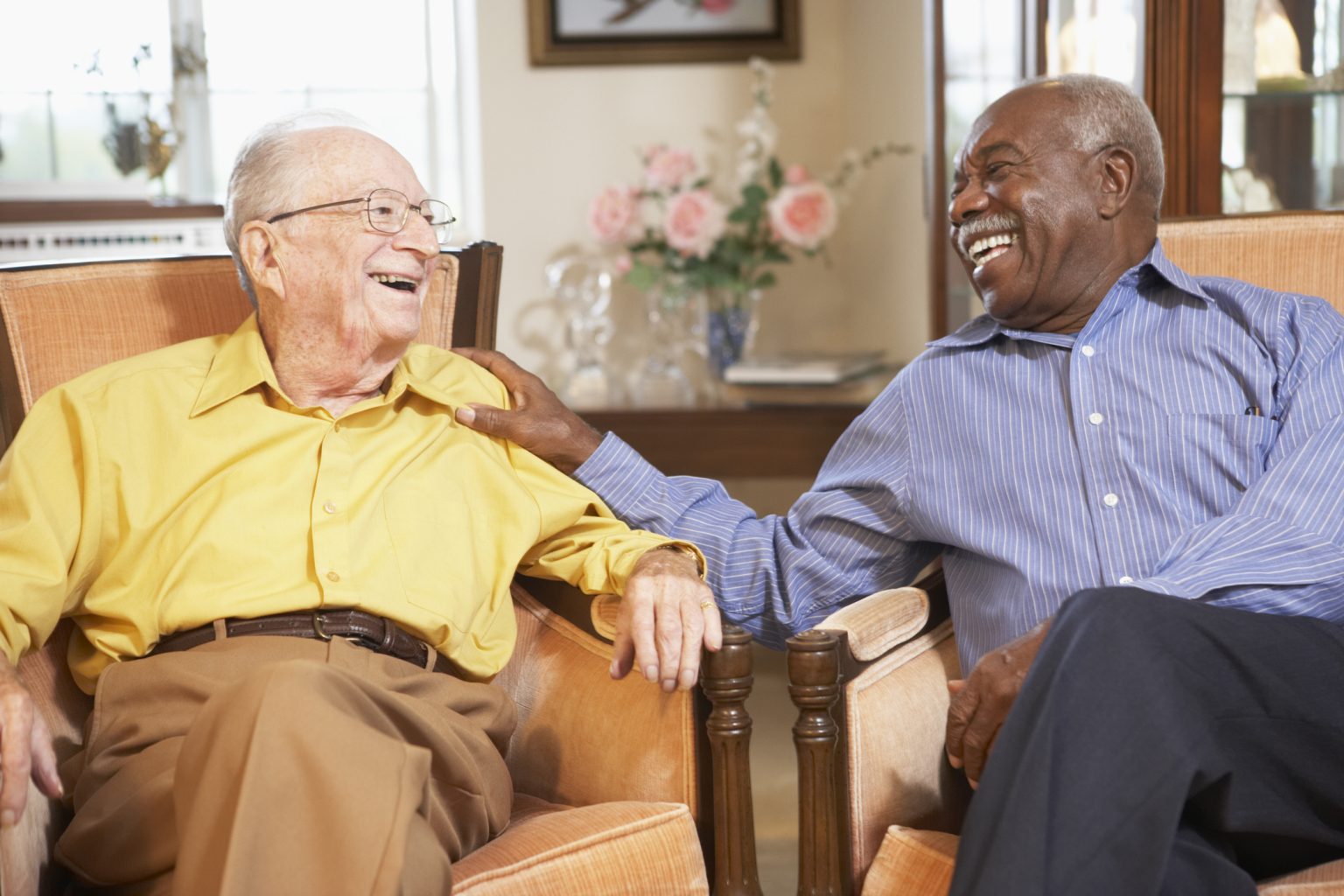 Senior men relaxing in armchairs