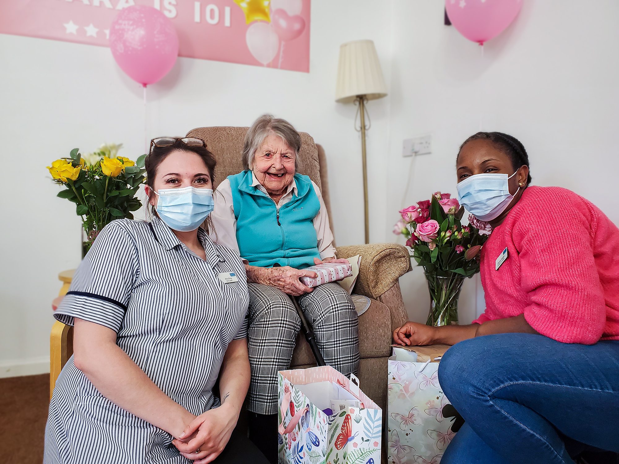 Barbara with staff on her birthday at our Essex care home