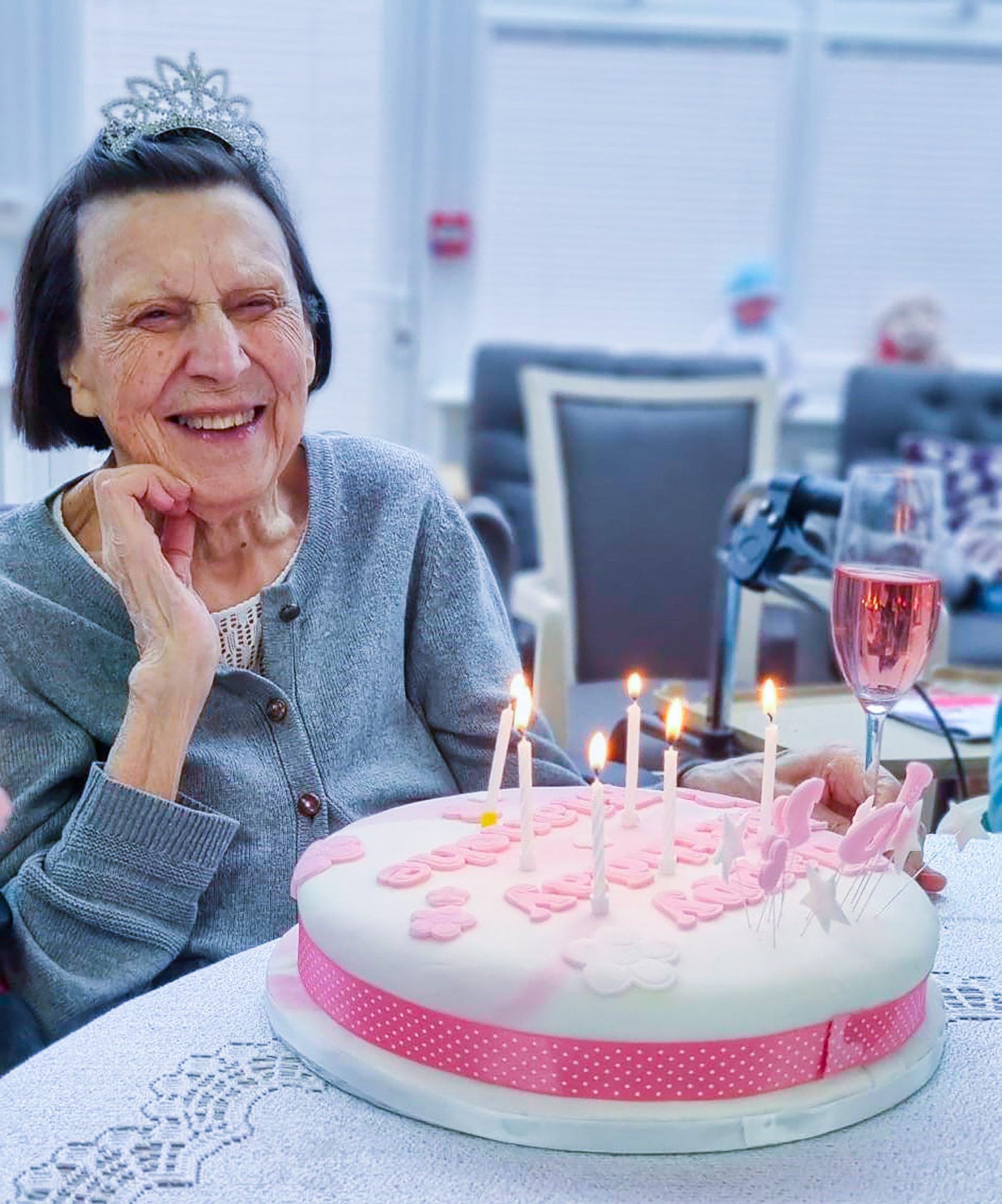 Blanche with her cake on her 102nd birthday